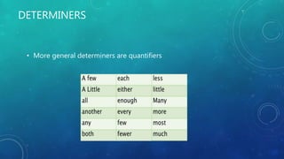 DETERMINERS
• More general determiners are quantifiers
 