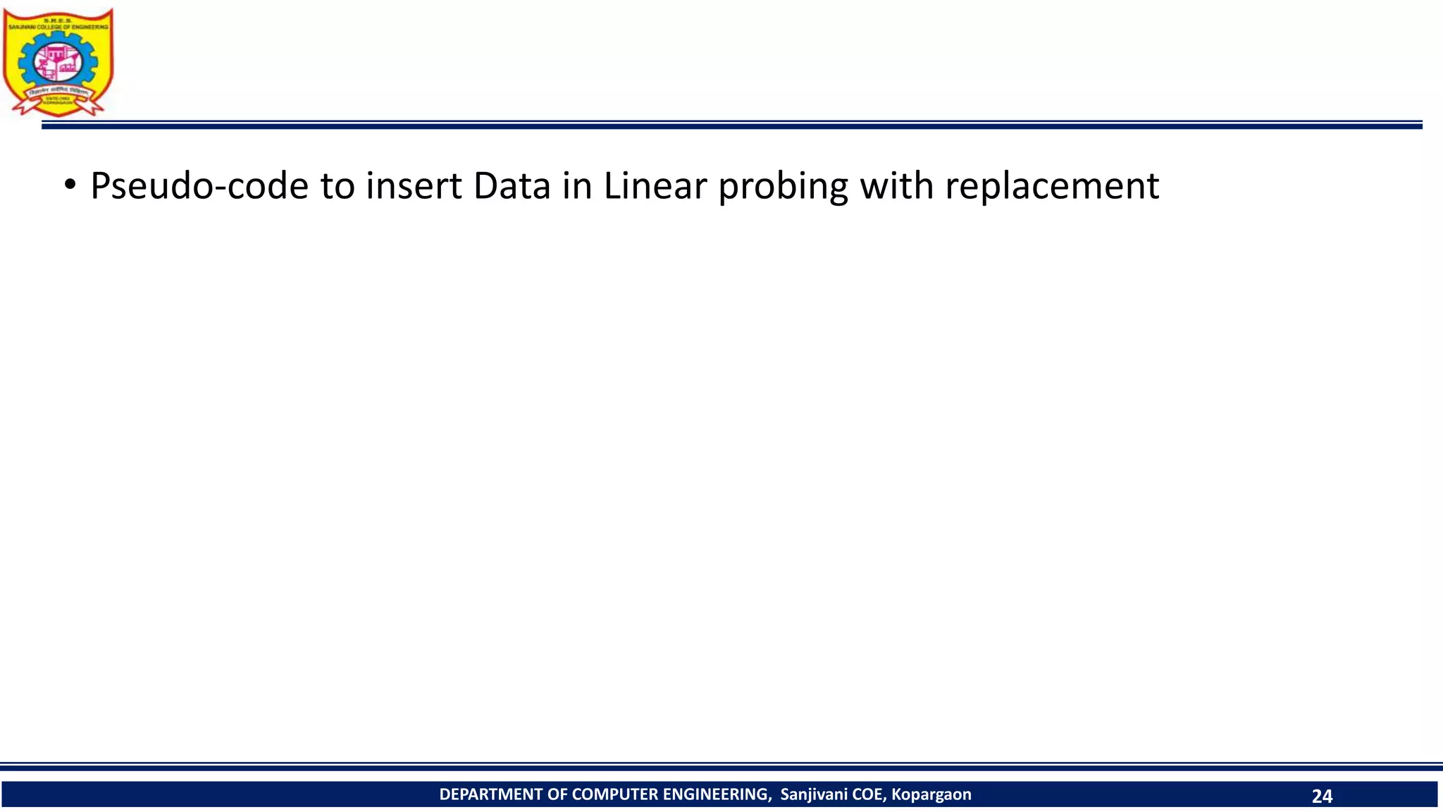 • Pseudo-code to insert Data in Linear probing with replacement
DEPARTMENT OF COMPUTER ENGINEERING, Sanjivani COE, Kopargaon 24
 