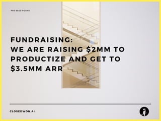 PRE-SEED ROUND
CLOSEDWON.AI
FUNDRAISING:
WE ARE RAISING $2MM TO
PRODUCTIZE AND GET TO
$3.5MM ARR
 