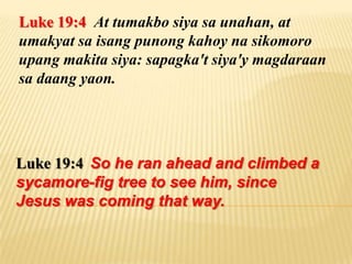 Luke 19:4 At tumakbo siya sa unahan, at
umakyat sa isang punong kahoy na sikomoro
upang makita siya: sapagka't siya'y magdaraan
sa daang yaon.




Luke 19:4 So he ran ahead and climbed a
sycamore-fig tree to see him, since
Jesus was coming that way.
 