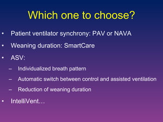 Which one to choose? Patient ventilator synchrony: PAV or NAVA Weaning duration: SmartCare ASV: Individualized breath pattern Automatic switch between control and assisted ventilation Reduction of weaning duration IntelliVent… 