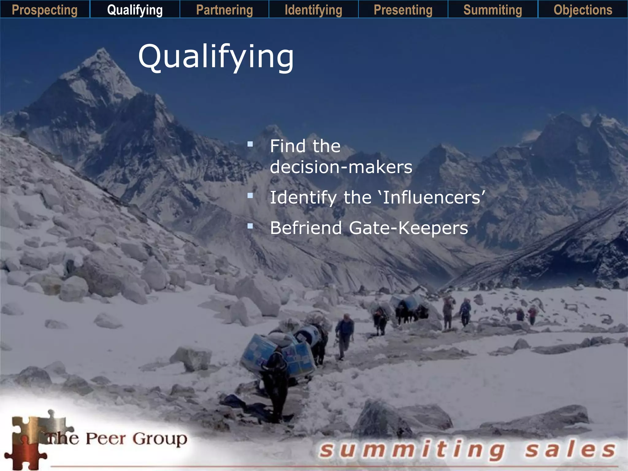 Qualifying
 Find the
decision-makers
 Identify the ‘Influencers’
 Befriend Gate-Keepers
Prospecting PartneringQualifying Identifying Presenting Summiting Objections
 