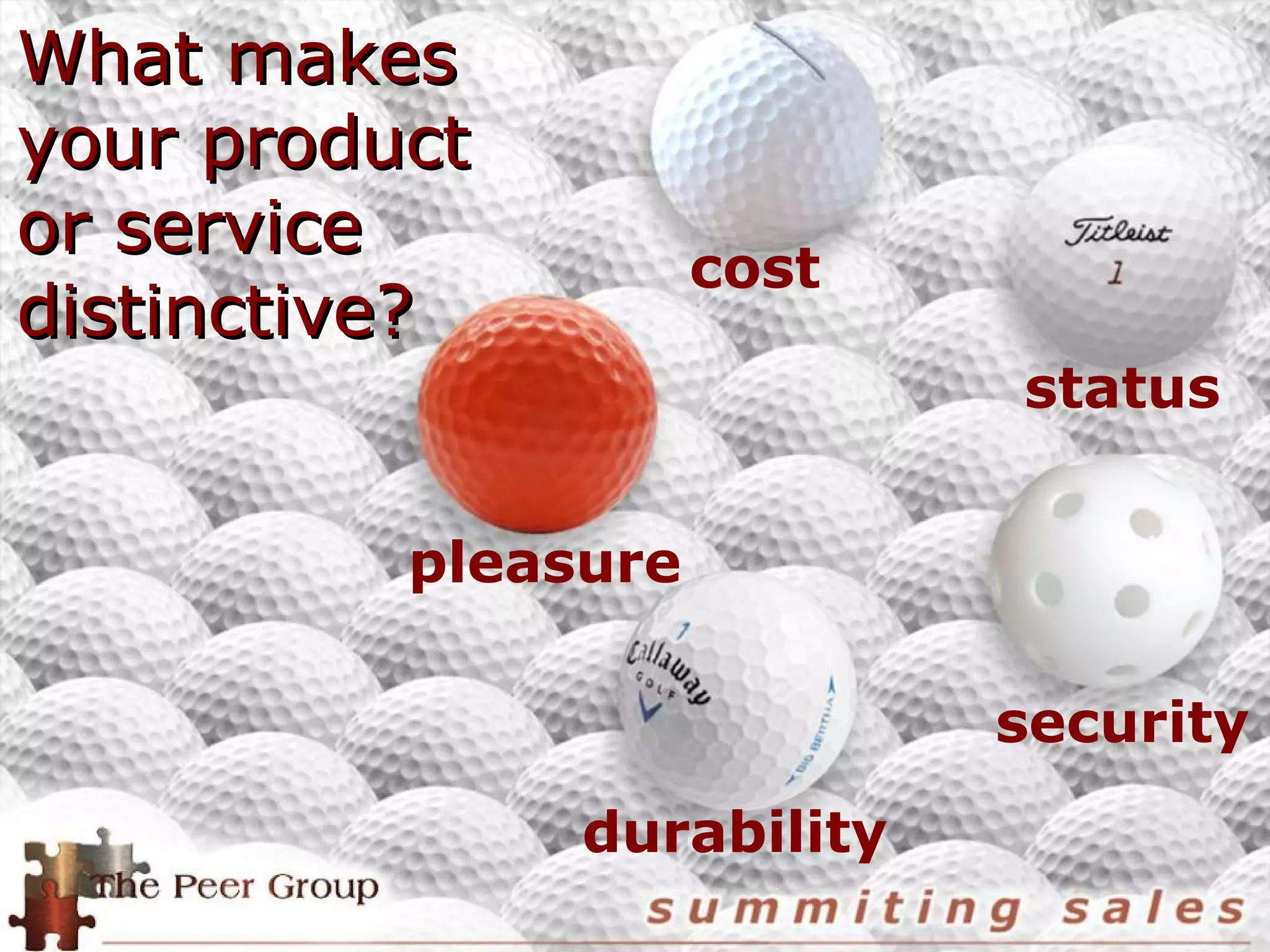 What makesWhat makes
your productyour product
or serviceor service
distinctive?distinctive?
cost
status
security
durability
pleasure
 