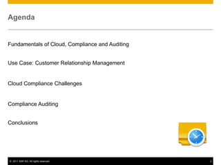 AgendaFundamentals of Cloud, Compliance and AuditingUse Case: Customer Relationship ManagementCloud Compliance ChallengesCompliance AuditingConclusions