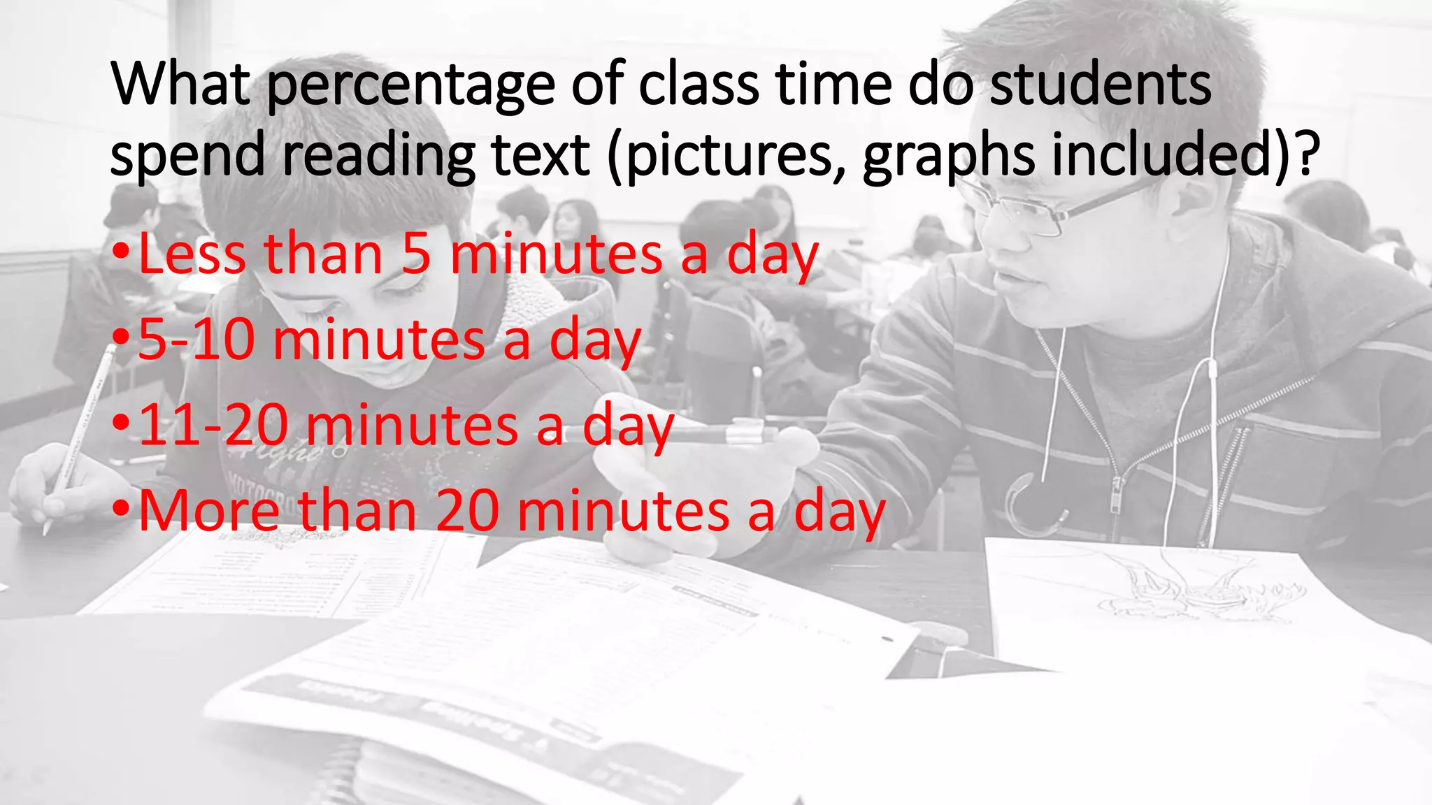 What percentage of class time do students
spend reading text (pictures, graphs included)?
•Less than 5 minutes a day
•5-10 minutes a day
•11-20 minutes a day
•More than 20 minutes a day
 