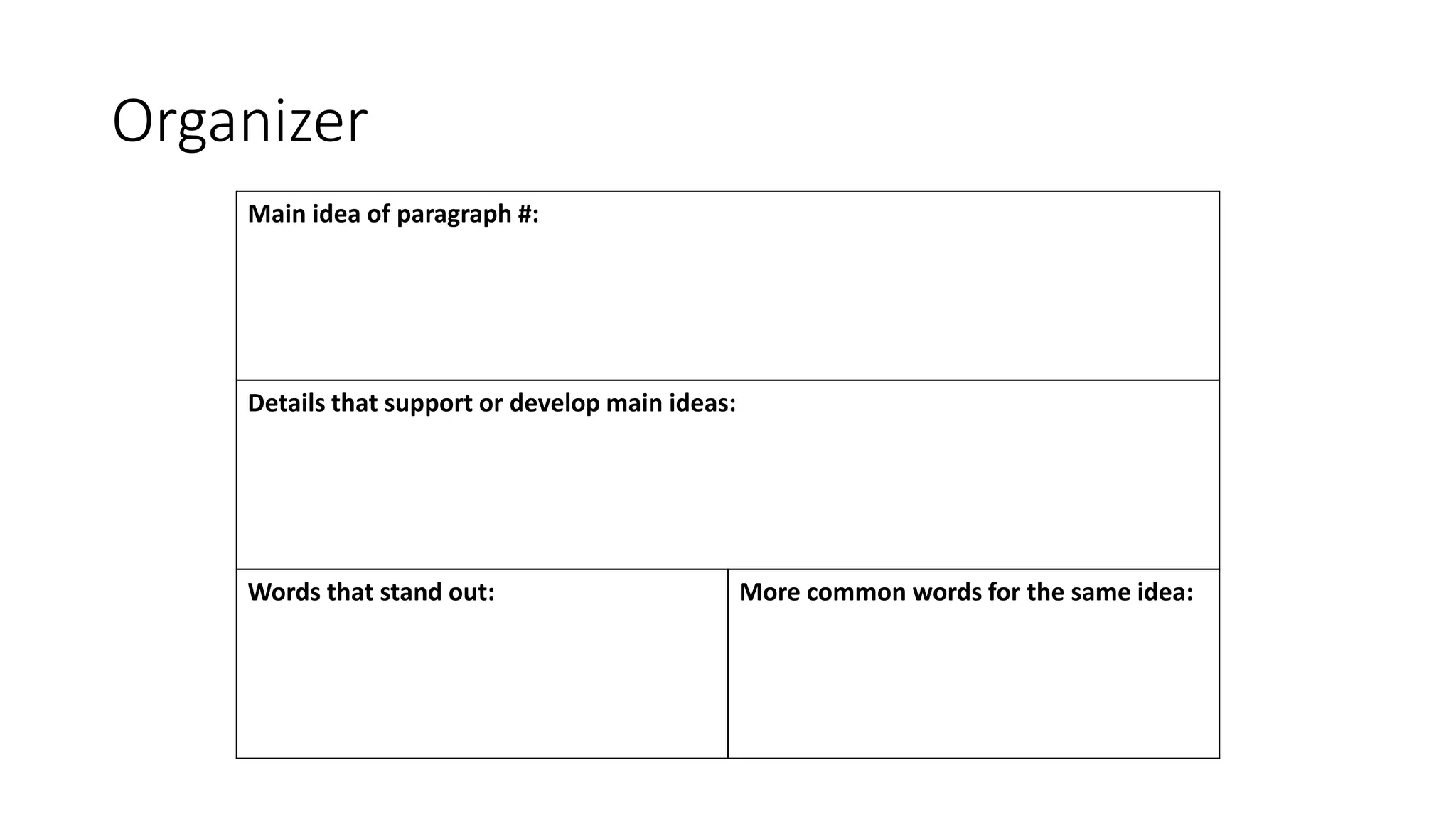Organizer
Main idea of paragraph #:
Details that support or develop main ideas:
Words that stand out: More common words for the same idea:
 