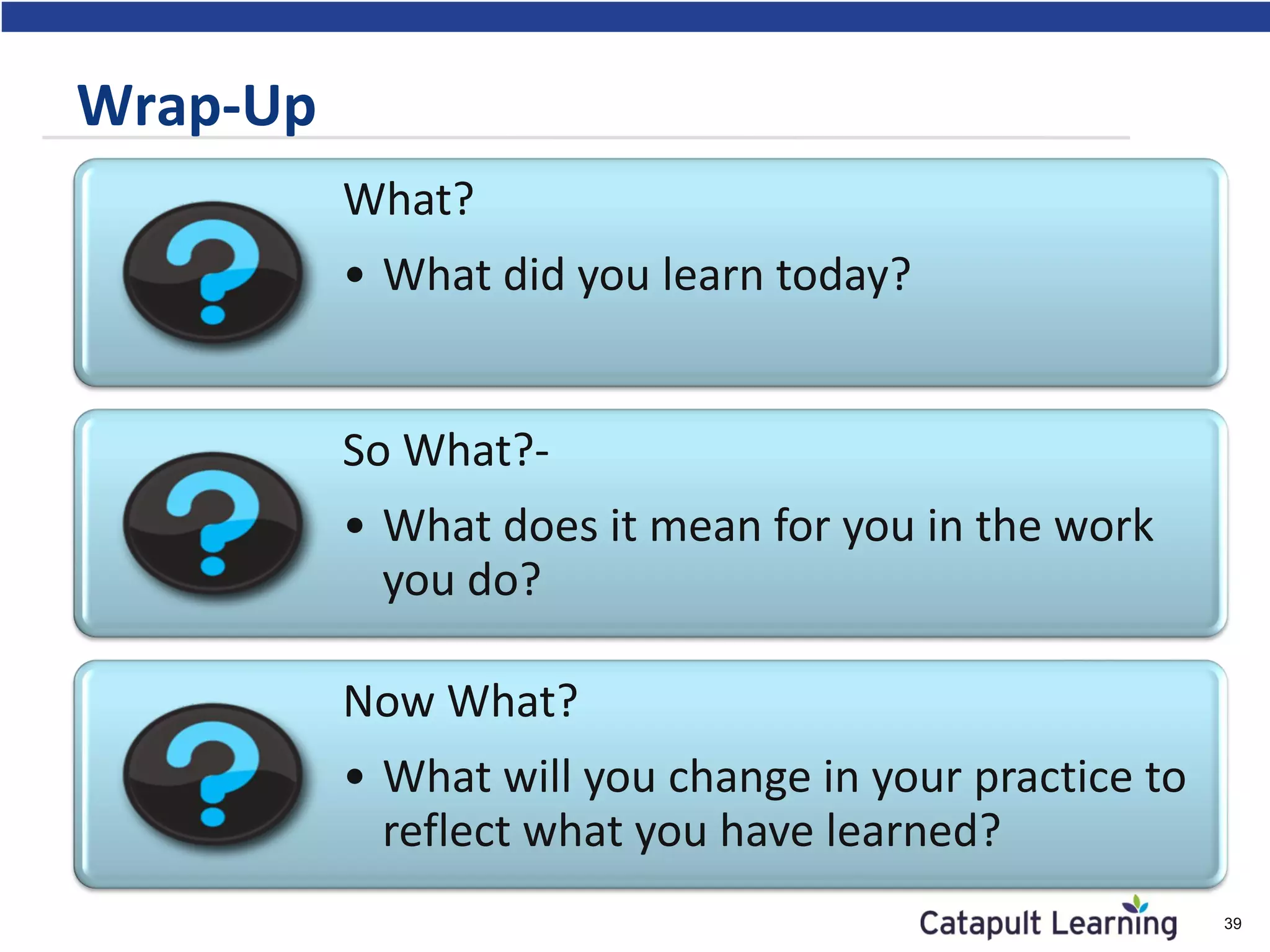 Wrap-Up
39
What?
• What did you learn today?
So What?-
• What does it mean for you in the work
you do?
Now What?
• What will you change in your practice to
reflect what you have learned?
 