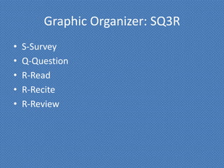 Graphic Organizer: SQ3R
•   S-Survey
•   Q-Question
•   R-Read
•   R-Recite
•   R-Review
 