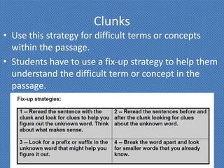 Clunks
• Use this strategy for difficult terms or concepts
  within the passage.
• Students have to use a fix-up strategy to help them
  understand the difficult term or concept in the
  passage.
 