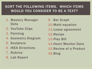 SORT THE FOLLOWING ITEMS. WHICH ITEMS 
WOULD YOU CONSIDER TO BE A TEXT? 
1. Mastery Manager 
Data 
2. YouTube Clips 
3. Painting 
4. Geometry Diagram 
5. Sculpture 
6. IKEA Directions 
7. Rubrics 
8. Lab Report 
9. Bar Graph 
10.Math equation 
11.Lease agreement 
12.Recipe 
13.Play Bill 
14.Heart Monitor Data 
15.Review of a Product 
16.Blog 
 