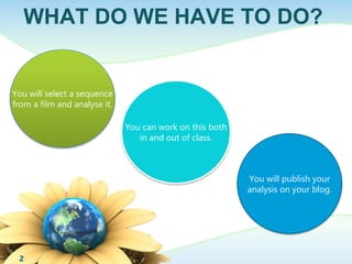 WHAT DO WE HAVE TO DO? 
You will select a sequence 
from a film and analyse it. 
You will publish your 
analysis on your blog. 
You can work on this both 
in and out of class. 
2 
 