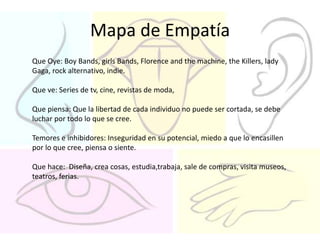 Mapa de Empatía
Que Oye: Boy Bands, girls Bands, Florence and the machine, the Killers, lady
Gaga, rock alternativo, indie.
Que ve: Series de tv, cine, revistas de moda,
Que piensa: Que la libertad de cada individuo no puede ser cortada, se debe
luchar por todo lo que se cree.
Temores e inhibidores: Inseguridad en su potencial, miedo a que lo encasillen
por lo que cree, piensa o siente.
Que hace: Diseña, crea cosas, estudia,trabaja, sale de compras, visita museos,
teatros, ferias.
 