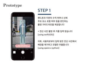 STEP 1
Prototype
핸드폰과 지면의 수직 여부나 신체
주요 요소 포함 여부 등을 판단하는
촬영 가이드라인을 제공합니다
+ 전신 사진 촬영 후 키를 입력 받습니다
[using swift(iOS)]
이후, 사용자로부터 입력 받은 전신 사진에서
배경을 제거하고 모델만 추출합니다
[using opencv-python]
지면과 수직이지 않습니다.
전신사진을 가이드라인에 맞춰주세요
 