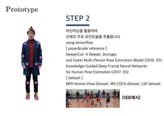 머신러닝을 활용하여
신체의 주요 포인트들을 추출합니다
using tensorflow
[ paper&code reference ]
DeeperCut: A Deeper, Stronger,
and Faster Multi-Person Pose Estimation Model (2016. 05)
Knowledge-Guided Deep Fractal Neural Networks
for Human Pose Estimation (2017. 05)
[ dataset ]
MPII Human Pose Dataset, MS COCO dataset, LSP dataset
STEP 2
Prototype
[대표예시]
 