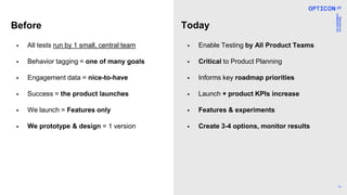 14
 Enable Testing by All Product Teams
 Critical to Product Planning
 Informs key roadmap priorities
 Launch + product KPIs increase
 Features & experiments
 Create 3-4 options, monitor results
 All tests run by 1 small, central team
 Behavior tagging = one of many goals
 Engagement data = nice-to-have
 Success = the product launches
 We launch = Features only
 We prototype & design = 1 version
Before Today
 