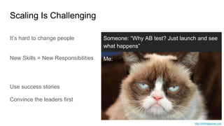 Scaling Is Challenging
It’s hard to change people
New Skills = New Responsibilities
http://millhoppervet.com
Someone: “Why AB test? Just launch and see
what happens”
Me:
Use success stories
Convince the leaders first
 