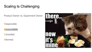 Product Owner vs. Experiment Owner
Responsible
Accountable
Consulted
Informed
Scaling Is Challenging
 