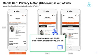 8
Mobile Cart: Primary button (Checkout) is out of view
Move Checkout button to top & make it “sticky”
% to Checkout = +5.5% lift
Multi-item Conversion = +5.67% lift
 