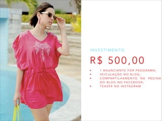 INVESTIMENTO

R$ 500,00
•
•
•
•

1 ANUNCIANTE POR PROGRAMA;
VEICULAÇÃO NO BLOG;
C O M PA R T I L H A M E N T O N A PÁ G I N A
D O B L O G N O FA C E B O O K ;
T E A S E R N O I N S TA G R A M

 