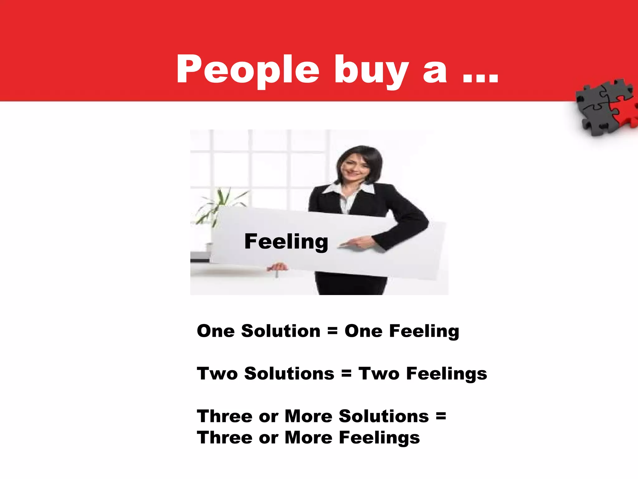 Feeling One Solution = One Feeling Two Solutions = Two Feelings Three or More Solutions = Three or More Feelings People buy a … 
