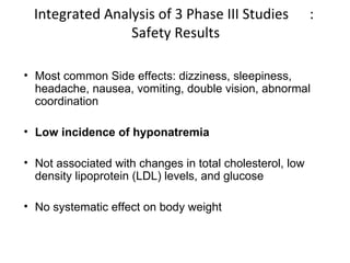 Integrated Analysis of 3 Phase III Studies  :  Safety Results Most common Side effects: dizziness, sleepiness, headache, nausea, vomiting, double vision, abnormal coordination Low incidence of hyponatremia Not associated with changes in total cholesterol, low density lipoprotein (LDL) levels, and glucose No systematic effect on body weight 