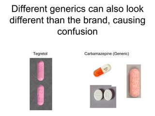 Different generics can also look different than the brand, causing confusion Tegretol  Carbamazepine (Generic) 