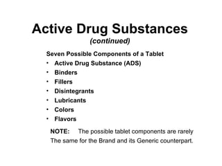 Active Drug Substances (continued) Seven Possible Components of a Tablet Active Drug Substance (ADS) Binders Fillers Disintegrants Lubricants Colors Flavors NOTE: The possible tablet components are rarely  The same for the Brand and its Generic counterpart.  