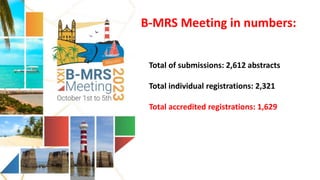 B-MRS Meeting in numbers:
Total of submissions: 2,612 abstracts
Total individual registrations: 2,321
Total accredited registrations: 1,629
 