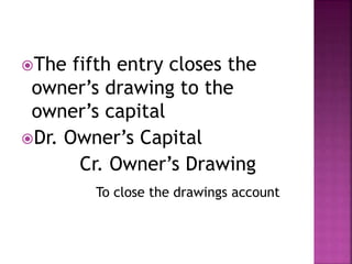 The fifth entry closes the
owner’s drawing to the
owner’s capital
Dr. Owner’s Capital
Cr. Owner’s Drawing
To close the drawings account
 