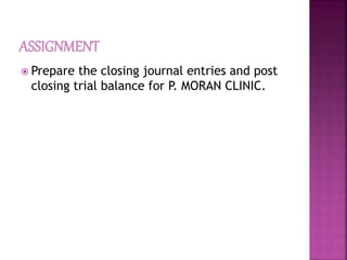  Prepare the closing journal entries and post
closing trial balance for P. MORAN CLINIC.
 