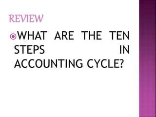 WHAT ARE THE TEN
STEPS IN
ACCOUNTING CYCLE?
 