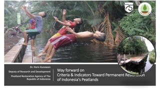 Way forward on
Criteria & Indicators Toward Permanent Restoration
of Indonesia's Peatlands
Dr. Haris Gunawan
Deputy of Research and Development
Peatland Restoration Agency of The
Republic of Indonesia
 