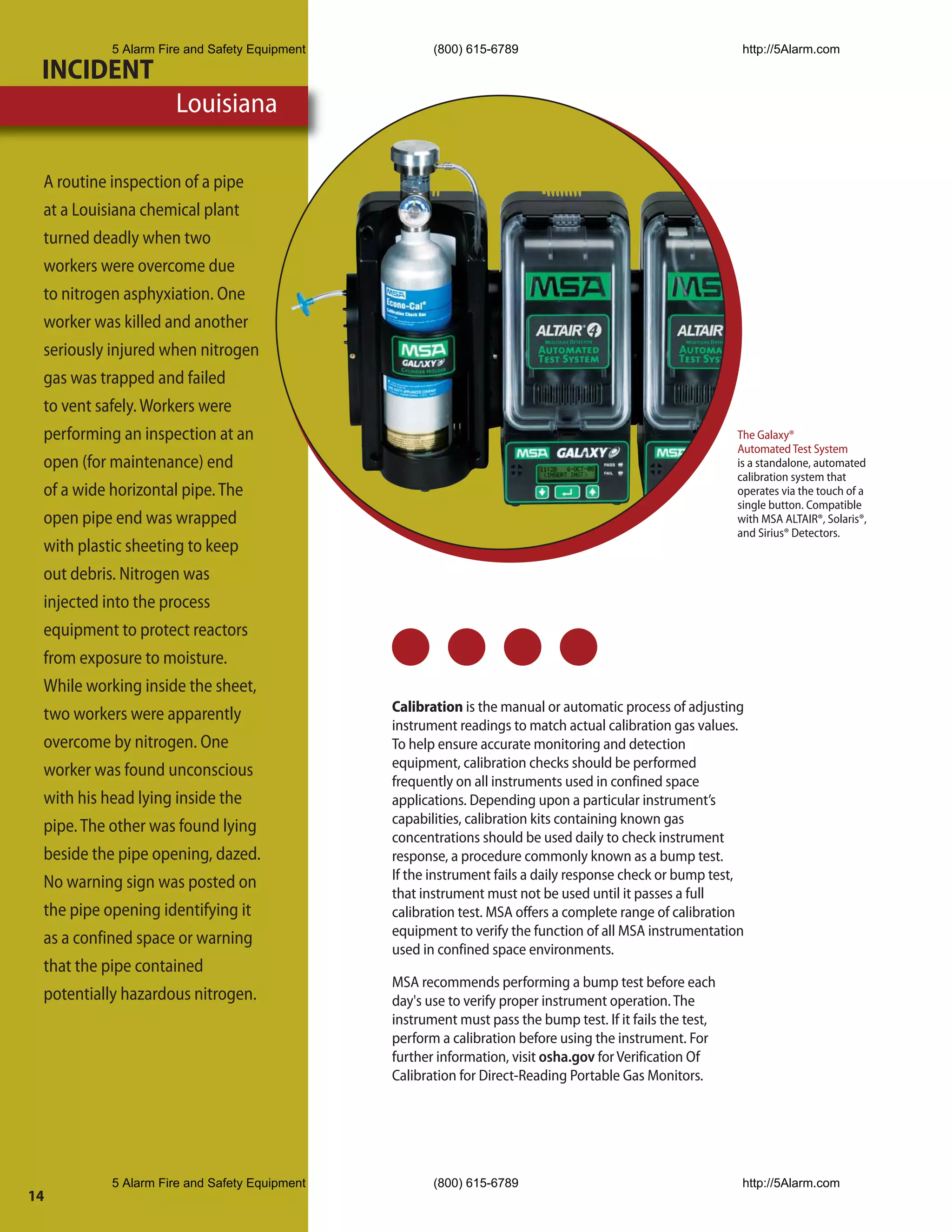 5 Alarm Fire and Safety Equipment          (800) 615-6789                                        http://5Alarm.com

 INCIDENT
                    Louisiana

 A routine inspection of a pipe
 at a Louisiana chemical plant
 turned deadly when two
 workers were overcome due
 to nitrogen asphyxiation. One
 worker was killed and another
 seriously injured when nitrogen
 gas was trapped and failed
 to vent safely. Workers were
 performing an inspection at an                                                                           The Galaxy®
                                                                                                          Automated Test System
 open (for maintenance) end                                                                               is a standalone, automated
                                                                                                          calibration system that
 of a wide horizontal pipe. The                                                                           operates via the touch of a
                                                                                                          single button. Compatible
 open pipe end was wrapped                                                                                with MSA ALTAIR®, Solaris®,
                                                                                                          and Sirius® Detectors.
 with plastic sheeting to keep
 out debris. Nitrogen was
 injected into the process
 equipment to protect reactors
 from exposure to moisture.
 While working inside the sheet,
                                              Calibration is the manual or automatic process of adjusting
 two workers were apparently
                                              instrument readings to match actual calibration gas values.
 overcome by nitrogen. One                    To help ensure accurate monitoring and detection
                                              equipment, calibration checks should be performed
 worker was found unconscious
                                              frequently on all instruments used in confined space
 with his head lying inside the               applications. Depending upon a particular instrument’s
                                              capabilities, calibration kits containing known gas
 pipe. The other was found lying
                                              concentrations should be used daily to check instrument
 beside the pipe opening, dazed.              response, a procedure commonly known as a bump test.
                                              If the instrument fails a daily response check or bump test,
 No warning sign was posted on
                                              that instrument must not be used until it passes a full
 the pipe opening identifying it              calibration test. MSA offers a complete range of calibration
                                              equipment to verify the function of all MSA instrumentation
 as a confined space or warning
                                              used in confined space environments.
 that the pipe contained
                                              MSA recommends performing a bump test before each
 potentially hazardous nitrogen.              day's use to verify proper instrument operation. The
                                              instrument must pass the bump test. If it fails the test,
                                              perform a calibration before using the instrument. For
                                              further information, visit osha.gov for Verification Of
                                              Calibration for Direct-Reading Portable Gas Monitors.




          5 Alarm Fire and Safety Equipment          (800) 615-6789                                        http://5Alarm.com
14
 