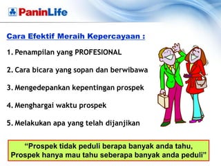 Cara Efektif Meraih Kepercayaan :

1. Penampilan yang PROFESIONAL

2. Cara bicara yang sopan dan berwibawa

3. Mengedepankan kepentingan prospek

4. Menghargai waktu prospek

5. Melakukan apa yang telah dijanjikan


    “Prospek tidak peduli berapa banyak anda tahu,
 Prospek hanya mau tahu seberapa banyak anda peduli”
 