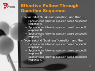 Effective Follow-Through Question Sequence Your initial “business” question, and then… Spontaneous follow-up question based on specific response A Spontaneous follow-up question based on specific response B Spontaneous follow-up question based on specific response C Your second “business” question, and then…  Spontaneous follow-up question based on specific response A Spontaneous follow-up question based on specific response B Spontaneous follow-up question based on specific response C 
