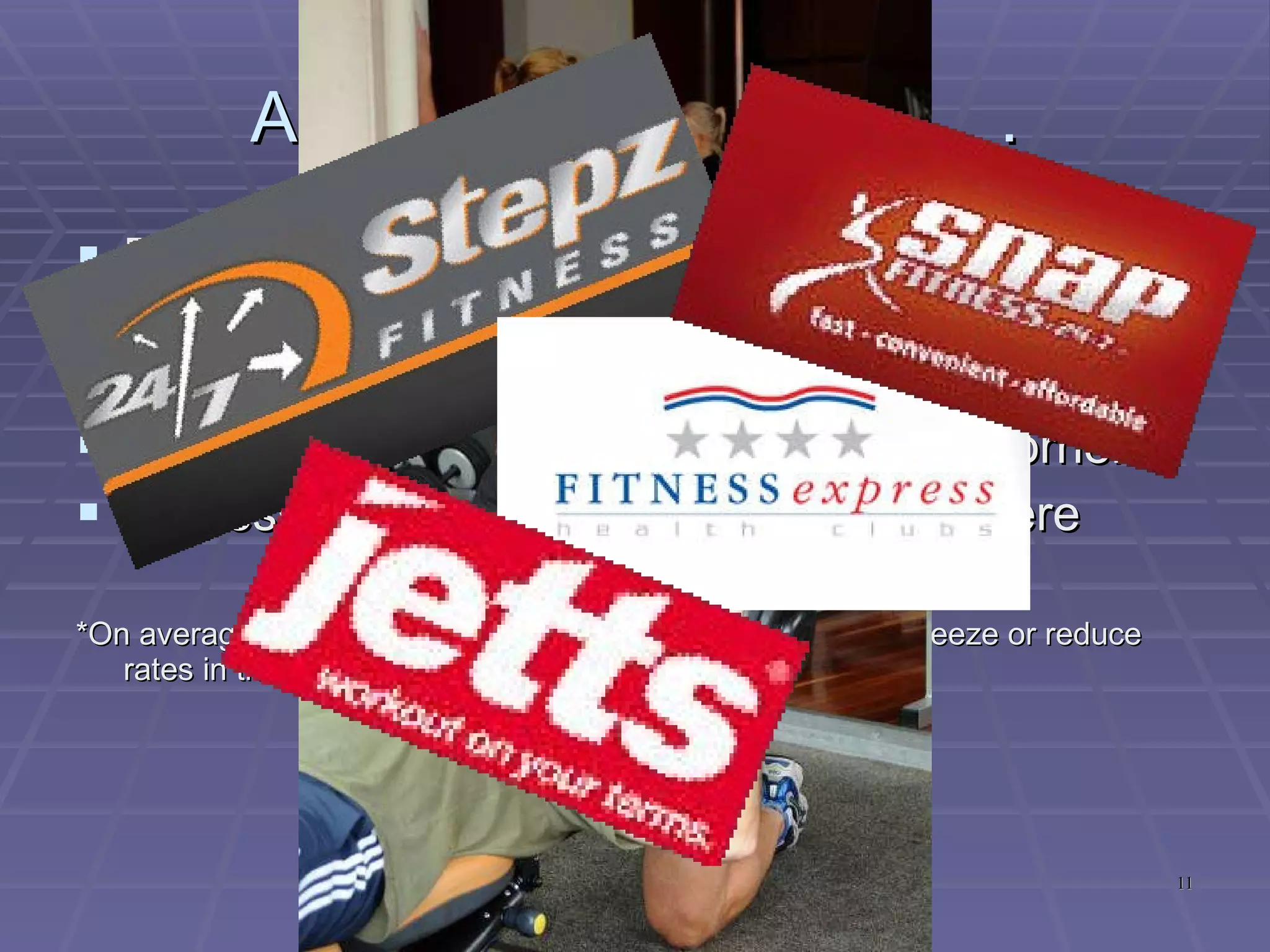 AND, closer to home . . . Prices for ‘fitness’ continue to drop or remain frozen in many cases* Personal Trainers are proliferating Studios are popping up on every street corner Express Clubs are springing up everywhere *On average 70% of clubs polled in the AFIS2010 intend to freeze or reduce rates in the coming 12 months – courtesy of EzyPay 