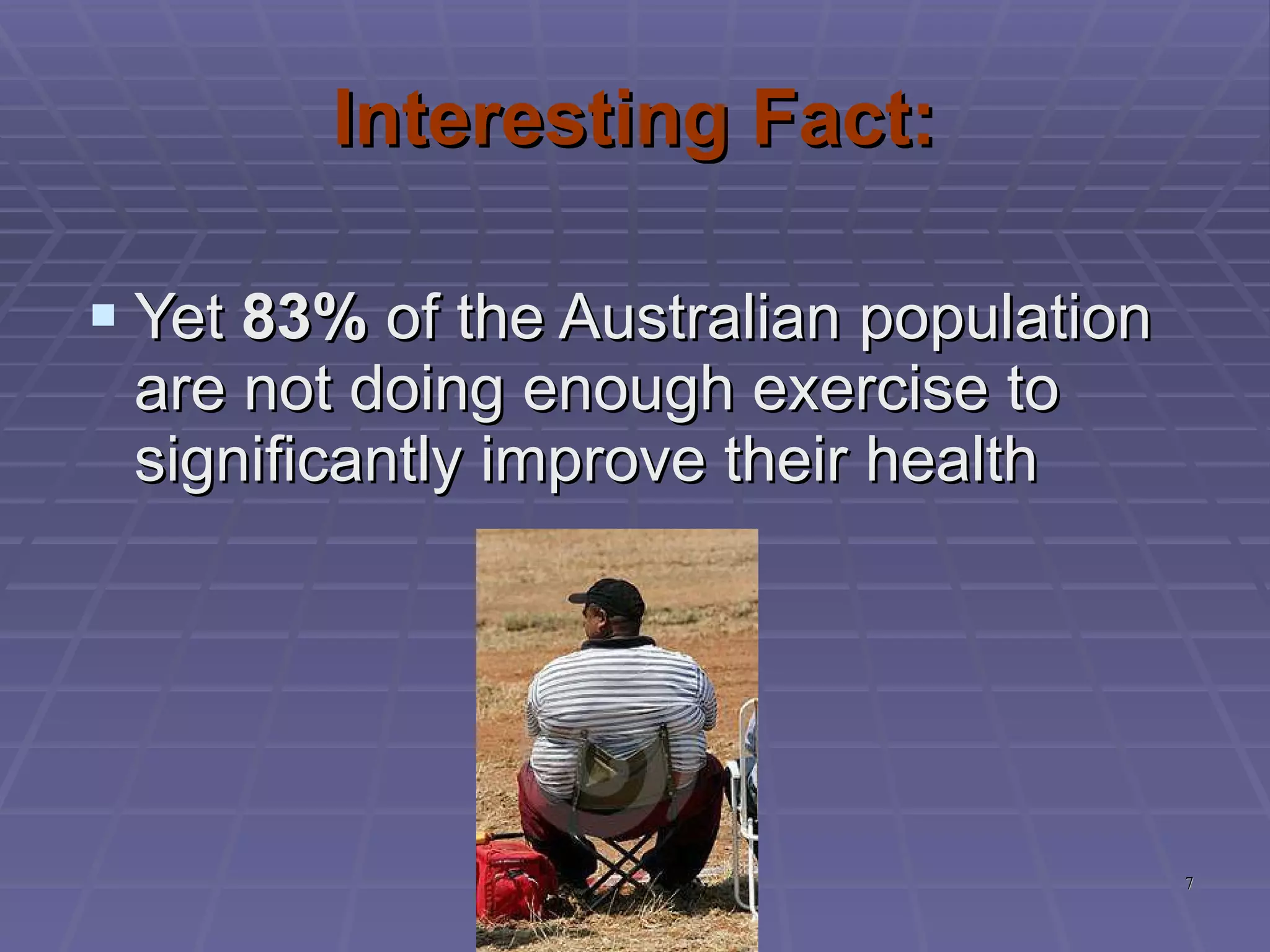 Interesting Fact: Yet  83%  of the Australian population are not doing enough exercise to significantly improve their health 