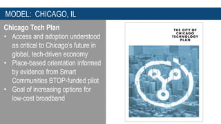 MODEL: CHICAGO, IL 
Chicago Tech Plan 
• Access and adoption understood 
as critical to Chicago’s future in 
global, tech-driven economy 
• Place-based orientation informed 
by evidence from Smart 
Communities BTOP-funded pilot 
• Goal of increasing options for 
low-cost broadband 
 