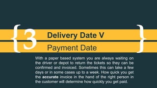 {3 Delivery Date V 
} Payment Date 
With a paper based system you are always waiting on 
the driver or depot to return the tickets so they can be 
confirmed and invoiced. Sometimes this can take a few 
days or in some cases up to a week. How quick you get 
the accurate invoice in the hand of the right person in 
the customer will determine how quickly you get paid. 
 