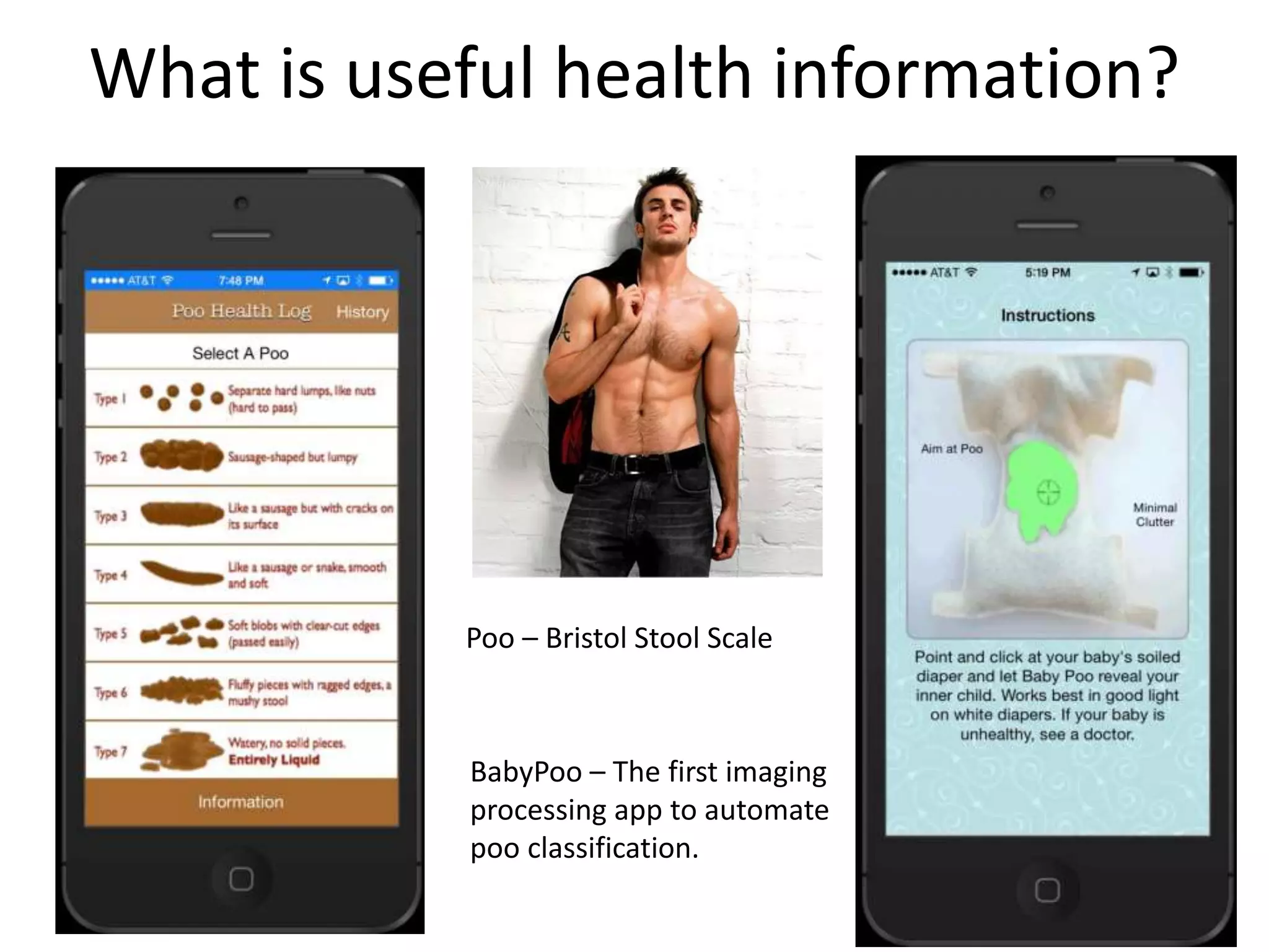 What is useful health information? 
Poo – Bristol Stool Scale 
BabyPoo – The first imaging 
processing app to automate 
poo classification. 
 