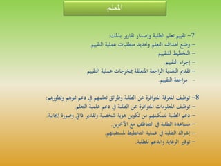 ‫املعلم‬
7-‫تقييم‬‫تعلم‬‫الطلبة‬‫وإصدار‬‫ير‬‫ر‬‫تقا‬‫بذلك‬:
-‫وضع‬‫أهداف‬‫التعلم‬‫وحتديد‬‫متطلبات‬‫عملية‬‫التقييم‬.
-‫التخطيط‬‫للتقييم‬.
-‫اء‬‫ر‬‫إج‬‫التقييم‬.
-‫تقدمي‬‫التغذية‬‫اجعة‬‫ر‬‫ال‬‫املتعلقة‬‫مبخرجات‬‫عملية‬‫التقييم‬.
-‫اجعة‬‫ر‬‫م‬‫التقييم‬.
8-‫توظيف‬‫املعرفة‬‫املتوافرة‬‫عن‬‫الطلبة‬‫ائق‬‫ر‬‫وط‬‫تعلمهم‬‫يف‬‫دعم‬‫منوه‬‫م‬‫وتطورهم‬:
-‫توظيف‬‫املعلومات‬‫املتوافرة‬‫عن‬‫الطلبة‬‫يف‬‫دعم‬‫علمية‬‫التعلم‬.
-‫دعم‬‫الطلبة‬‫لتمكينهم‬‫من‬‫تكوين‬‫هوية‬‫شخصية‬‫وتقدير‬‫ذايت‬‫ر‬‫وصور‬‫ة‬‫إجيابية‬.
-‫مساعدة‬‫الطلبة‬‫يف‬‫التعاطف‬‫مع‬‫ين‬‫ر‬‫اآلخ‬.
-‫اك‬‫ر‬‫إش‬‫الطلبة‬‫يف‬‫عملية‬‫التخطيط‬‫ملستقبلهم‬.
-‫توفري‬‫الرعاية‬‫والدعم‬‫للطلبة‬.
 