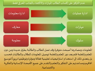 ‫فقط‬ ‫املعرفي‬ ‫بالجانب‬ ‫واالكتفاء‬ ‫ات‬‫ر‬‫املها‬ ‫الطالب‬ ‫إكساب‬ ‫على‬ ‫التركيز‬ ‫عدم‬.
‫عمليات‬‫ة‬‫ر‬‫ادا‬‫معلومات‬‫ة‬‫ر‬‫ادا‬
‫ات‬‫ر‬‫مها‬‫ف‬‫ر‬‫معا‬
‫سلوك‬‫معلومة‬
‫و‬ ‫عديدة‬ ‫ق‬‫بطر‬ ‫والطالبة‬ ‫للطالب‬ ‫تصل‬ ‫وقد‬ ‫متوفرة‬ ‫أصبحت‬ ‫ها‬‫ر‬‫ومصاد‬ ‫املعلومات‬‫ن‬‫دو‬ ‫من‬
‫والطا‬‫للطالب‬ ‫املعلومات‬ ‫توصيل‬ ‫واملعلمة‬ ‫املعلم‬ ‫ر‬‫دو‬ ‫يعد‬ ‫فلم‬ ‫واملعلمة‬ ‫املعلم‬‫فحسب‬ ‫لبات‬
‫وتوظيفه‬ ‫ومؤثرة‬‫الة‬ّ‫فع‬ ‫تعليمية‬ ‫اتيجيات‬‫ر‬‫است‬ ‫استخدام‬ ‫الى‬ ‫ذلك‬ ‫يتعدى‬ ‫بل‬‫لتوسيع‬
ً
‫تربويا‬ ‫ا‬
‫اإلنسان‬ ‫األصعدة‬ ‫جميع‬ ‫على‬ ‫والتقدم‬ ‫والتعلم‬ ‫التفكير‬ ‫على‬ ‫ومساعدتهم‬‫افاقهم‬‫والفكرية‬ ‫ية‬
‫واالجتماعية‬.
 