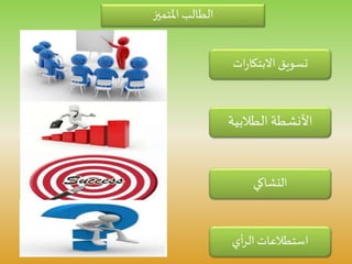 ‫املتميز‬ ‫الطالب‬
‫ات‬‫ر‬‫االبتكا‬‫تسويق‬
‫الطالبية‬ ‫األنشطة‬
‫التشاكي‬
‫أي‬‫ر‬‫ال‬ ‫استطالعات‬
 
