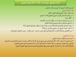 ‫ل‬‫األو‬‫ى‬‫املستو‬:‫التعليم‬‫مكتب‬ ‫من‬‫الداخلي‬ ‫الفريق‬
‫أوال‬:‫تشكيل‬‫الفريق‬:
‫تيب‬‫ر‬‫الت‬‫وفق‬ ‫الفريق‬ ‫أعضاء‬‫اختيار‬ ‫يتم‬‫التالي‬:
1-‫السابق‬‫لألداء‬‫ي‬‫والفئو‬ ‫الرتبي‬ ‫الترتيب‬‫في‬
ً
‫متقدما‬‫كان‬ ‫من‬.
2-‫خبرة‬ ‫األكثر‬.
3-‫اف‬‫ر‬‫اإلش‬ ‫مدير‬‫أو‬ ‫املكتب‬ ‫مدير‬‫قبل‬ ‫من‬‫ترشيحه‬ ‫يتم‬ ‫من‬.
4-‫األخيرة‬ ‫الفئة‬‫في‬ ‫ترتيبهم‬‫كان‬ ‫من‬‫مشاركة‬ ‫يحق‬‫ال‬.
5-‫بحسب‬‫املشاركة‬‫في‬ ‫التقويم‬‫أخصائي‬‫يخير‬‫غبته‬‫ر‬.(‫ال‬‫أو‬ ‫الفريق‬‫في‬
ً
‫عضوا‬‫ن‬‫يكو‬‫أن‬‫بين‬)
6-‫ثالثة‬ ‫عن‬ ‫يزيد‬‫وال‬ ‫عضوين‬ ‫عن‬ ‫الفريق‬‫أعضاء‬ ‫يقل‬‫ال‬.
7-‫في‬‫افية‬‫ر‬‫اإلش‬ ‫القيادات‬‫مشاركة‬‫األفضل‬ ‫من‬‫ق‬‫الفر‬(‫مدير‬‫اف‬‫ر‬‫إش‬-‫مدير‬‫مكتب‬–‫التعليمية‬‫ن‬‫و‬‫الشؤ‬‫ئيس‬‫ر‬.)
‫ثانيا‬:‫التطبيق‬ ‫آلية‬
•‫الفريق‬ ‫أعضاء‬ ‫تكليف‬‫ار‬‫ر‬‫ق‬‫إصدار‬.
•‫ي‬‫بالنتائج‬‫تعميم‬‫وإصدار‬ ‫املكتب‬‫أو‬‫ة‬‫ر‬‫اإلدا‬‫مشرفي‬‫جميع‬‫على‬ ‫النوعي‬‫افي‬‫ر‬‫اإلش‬ ‫األداء‬‫مؤشر‬ ‫أداة‬‫تطبيق‬‫يتم‬‫املشرفين‬ ‫رتب‬
‫التربويين‬‫تبيا‬‫ر‬‫الت‬‫فريق‬‫وأعضاء‬‫ن‬‫معلمو‬‫إليها‬‫يسند‬‫ال‬ ‫التي‬‫العليا‬ ‫القيادات‬‫ذلك‬ ‫من‬‫ويستثنى‬،‫وفئويا‬‫قويم‬.
‫مالحظة‬:‫في‬‫التقويم‬‫فريق‬‫عضو‬ ‫ي‬‫التربو‬‫املشرف‬ ‫اسم‬‫أمام‬ ‫يكتب‬‫التعميم‬(‫النوعي‬‫التقويم‬‫فريق‬ ‫عضو‬)
‫النوعي‬ ‫افي‬‫ر‬‫اإلش‬ ‫األداء‬ ‫ات‬‫ر‬‫مؤش‬ ‫تطبيق‬ ‫آلية‬
 