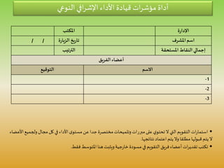 •‫ولجم‬‫مجال‬‫كل‬‫في‬ ‫األداء‬‫ى‬‫مستو‬ ‫عن‬‫جدا‬‫مختصرة‬‫وتلميحات‬ ‫مبررات‬‫على‬‫ي‬‫تحتو‬‫ال‬ ‫التي‬‫التقويم‬‫ات‬‫ر‬‫استما‬‫األعضاء‬‫يع‬
‫نتائجها‬‫اعتماد‬ ‫يتم‬‫وال‬‫مطلقا‬ ‫قبولها‬ ‫يتم‬‫ال‬.
•‫فقط‬‫املتوسط‬‫هنا‬‫ويثبت‬‫جية‬‫ر‬‫خا‬ ‫مسودة‬‫في‬ ‫التقويم‬‫فريق‬‫أعضاء‬ ‫ات‬‫ر‬‫تقدي‬‫تكتب‬.
‫ة‬‫ر‬‫اإلدا‬‫املكتب‬
‫املشرف‬‫اسم‬‫ر‬‫الزيا‬ ‫يخ‬‫ر‬‫تا‬‫ة‬/ /
‫املستحقة‬ ‫النقاط‬ ‫إجمالي‬‫الترتيب‬
‫الفريق‬‫أعضاء‬
‫االسم‬‫التوقيع‬
1-
2-
3-
‫النوعي‬ ‫افي‬‫ر‬‫اإلش‬ ‫األداء‬ ‫قيادة‬ ‫ات‬‫ر‬‫مؤش‬ ‫أداة‬
 