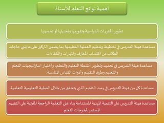 ‫لألستاذ‬ ‫التعلم‬ ‫نواتج‬ ‫اهمية‬
‫تحسينها‬ ‫أو‬ ‫وتعديلها‬ ‫وتقويمها‬‫اسية‬‫ر‬‫الد‬‫ات‬‫ر‬‫املقر‬ ‫تطوير‬
‫ع‬‫التركيز‬ ‫يضمن‬‫بما‬ ‫التعليمية‬ ‫العملية‬ ‫وتنظيم‬ ‫تخطيط‬‫في‬ ‫يس‬‫ر‬‫التد‬ ‫هيئة‬‫مساعدة‬‫حاجات‬ ‫يلبي‬ ‫ما‬‫لى‬
‫والكفاءات‬ ‫ات‬‫ر‬‫واملها‬‫ف‬‫ر‬‫املعا‬‫اكتساب‬‫من‬ ‫الطالب‬.
‫اتي‬‫ر‬‫است‬ ‫واختيار‬ ،‫والتعلم‬ ‫التعليم‬ ‫أنشطة‬ ‫وتطوير‬ ‫تحديد‬‫في‬ ‫يس‬‫ر‬‫التد‬ ‫هيئة‬‫مساعدة‬‫التعلم‬‫جيات‬
‫املناسبة‬ ‫القياس‬ ‫وأدوات‬‫التقييم‬ ‫ق‬‫وطر‬ ‫والتعليم‬.
‫التعليمي‬ ‫العملية‬‫خالل‬‫من‬ ‫يتحقق‬ ‫الذي‬ ‫التقدم‬‫صد‬‫ر‬‫في‬ ‫يس‬‫ر‬‫التد‬ ‫هيئة‬ ‫من‬ ‫كل‬‫مساعدة‬‫التعلمية‬ ‫ة‬.
‫املت‬ ‫اجعة‬‫ر‬‫ال‬ ‫التغذية‬‫على‬ ‫بناء‬‫املستدامة‬ ‫املهنية‬ ‫التنمية‬‫على‬ ‫يس‬‫ر‬‫التد‬ ‫هيئة‬‫مساعدة‬‫التقييم‬ ‫على‬‫رتبة‬
‫التعلم‬‫ملخرجات‬ ‫املستمر‬.
 