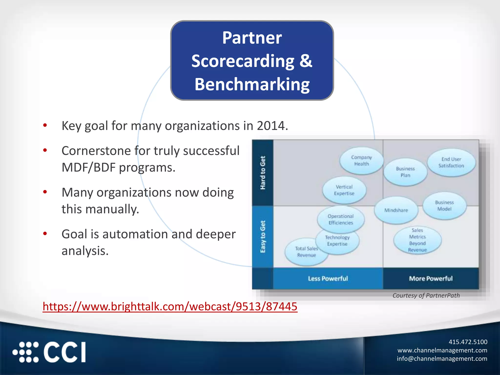 415.472.5100
www.channelmanagement.com
info@channelmanagement.com
Partner
Scorecarding &
Benchmarking
• Key goal for many organizations in 2014.
• Cornerstone for truly successful
MDF/BDF programs.
• Many organizations now doing
this manually.
• Goal is automation and deeper
analysis.
https://www.brighttalk.com/webcast/9513/87445
Courtesy of PartnerPath
 