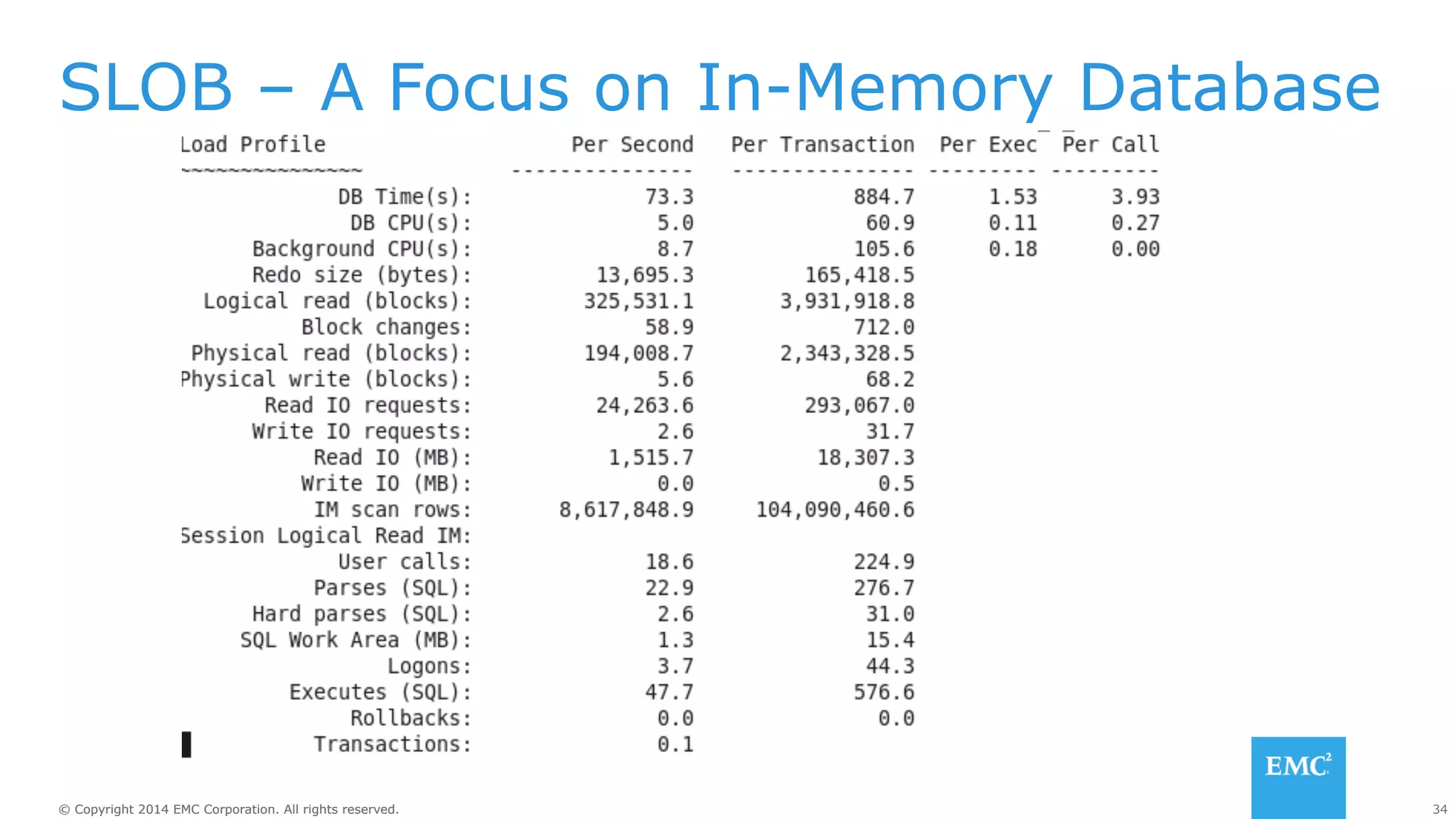 SLOB – A Focus on In-Memory Database 
© Copyright 2014 EMC Corporation. All rights reserved. 34 
 