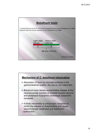 06.12.2013

Botulinum toxin
7 related AB toxins (A‐G) most potent biological toxins known [Madigan et al. 2009]
Relevant toxins for human diseases: A, B, E [Lindstöm et al. 2006]

Light chain
(50 kD)
A

Heavy chain
(100 kD)
B

AB toxin (150 kD)
[Zhang et al. 2012]

Mechanism of C. botulinum intoxication
 Absorption of toxin by mucosal surfaces in the
gastrointestinal system, the eye or non intact skin.
 Botulinum toxin blocks acetylcholine release at the
neuromuscular junction of skeletal muscle neurons
and peripheral muscarinic cholinergic autonomic
synapses
 It binds irreversibly to presynaptic receptors to
inhibit the release of acetylcholine and cause
neuromuscular weakness and autonomic
dysfunction

14

 