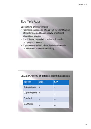 06.12.2013

Egg Yolk Agar
Special kind of culture media
 Contains suspension of egg yolk for identification
of lecithinase and lipase activity of different
clostridium species
 Lecithinase degradation in the yolk results
in opaque colonies
 Lipase enzyme hydrolizes the fat and results
in iridescent sheen of the colony

LEC/LIP Activity of different clostridia species
Species

LEC

LIP

C. botulinum

+

+

C. prefringens +

_

C. tetani

_

_

C. difficile

_

_

21

 